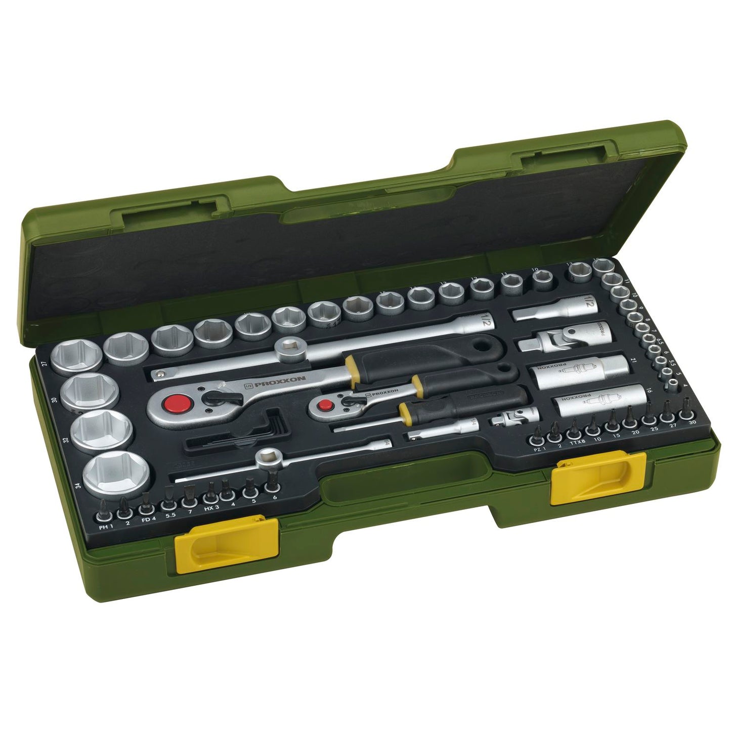 PROXXON Steckschlüssel-Satz 1/4"+1/2"vierkant mit Umschaltknarre 65-teilig
